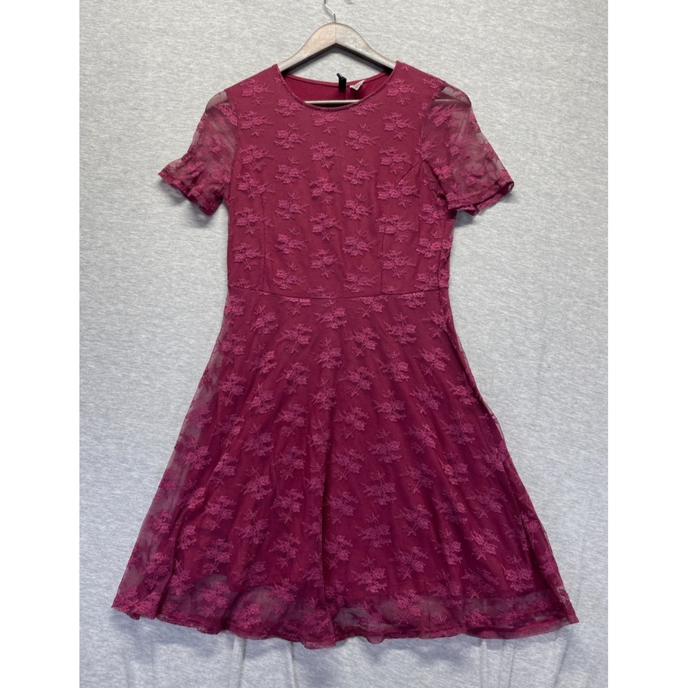 H&M Divided Lace Fit & Flare Dress Womens 8 Burgundy Round Neck Flowing Skirt